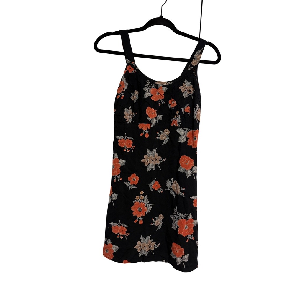Up Front Mini Dress 90s Style Floral Black Orange Pintuck Rayon Small